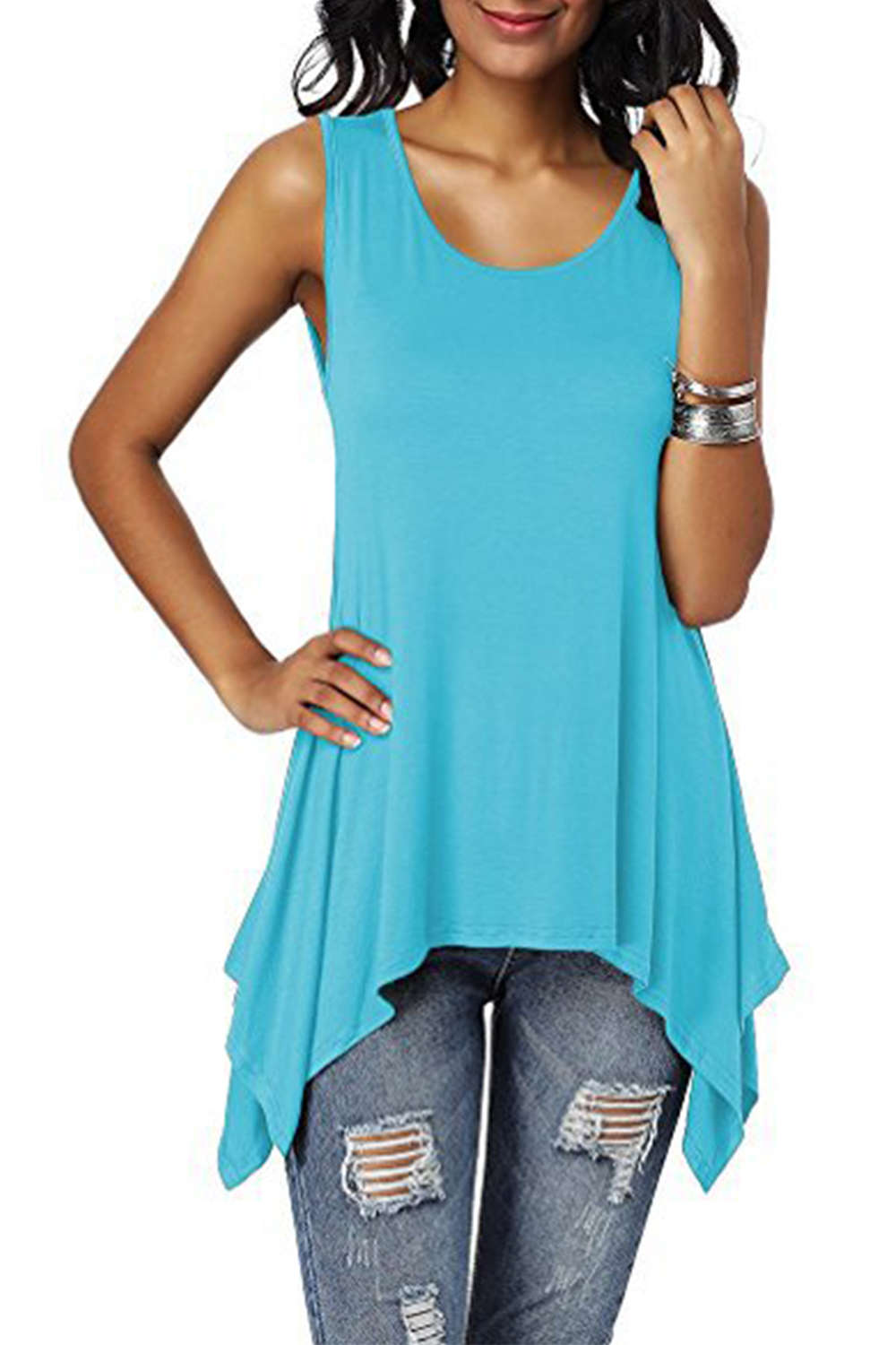 Iyasson Womens Scoop Neck Unbalanced Loose Fit Sleeveless Tunic Top