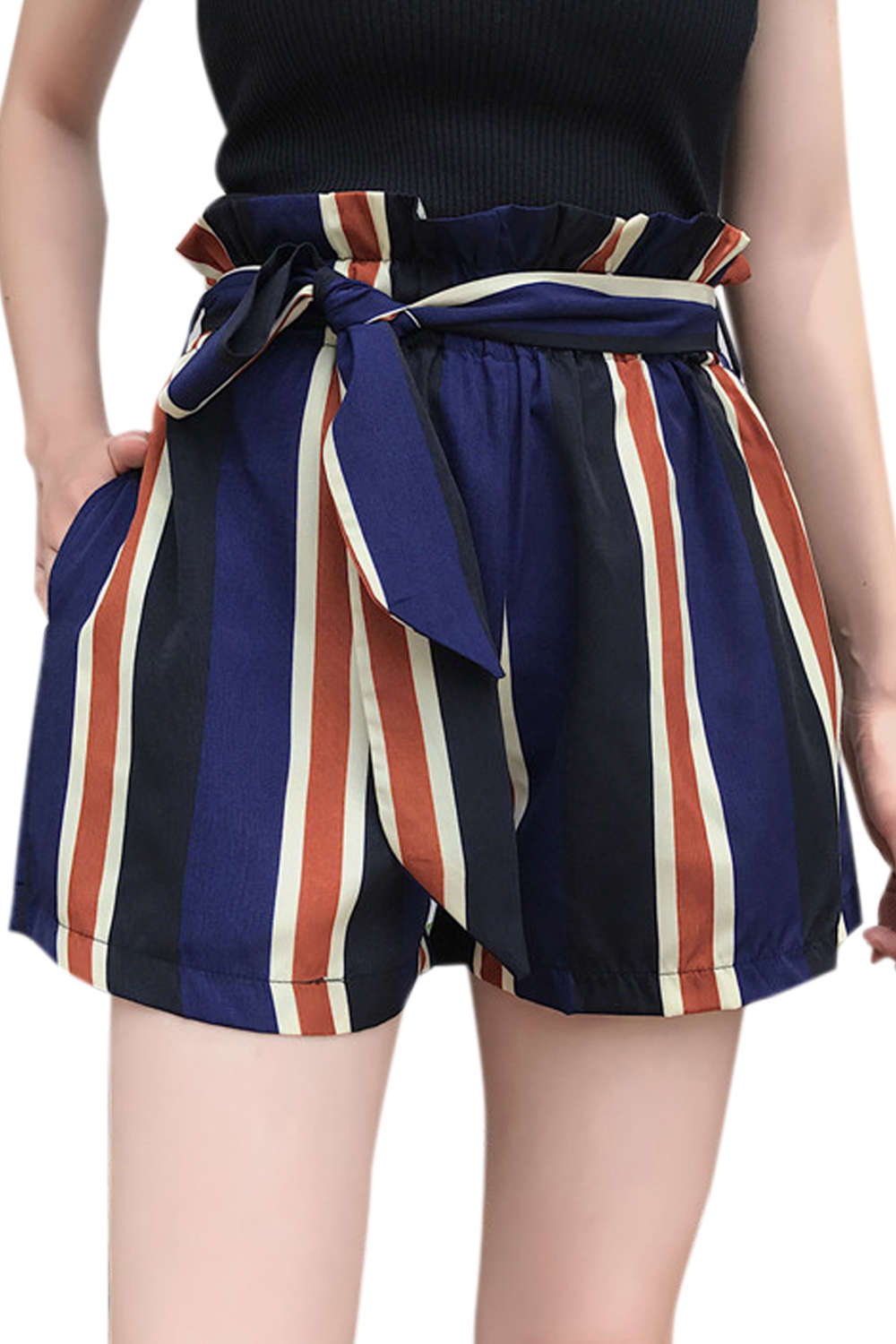 Iyasson Shirred Frill Trim Slef Tie Striped Shorts