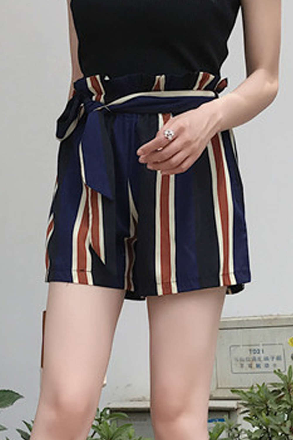 Iyasson Shirred Frill Trim Slef Tie Striped Shorts