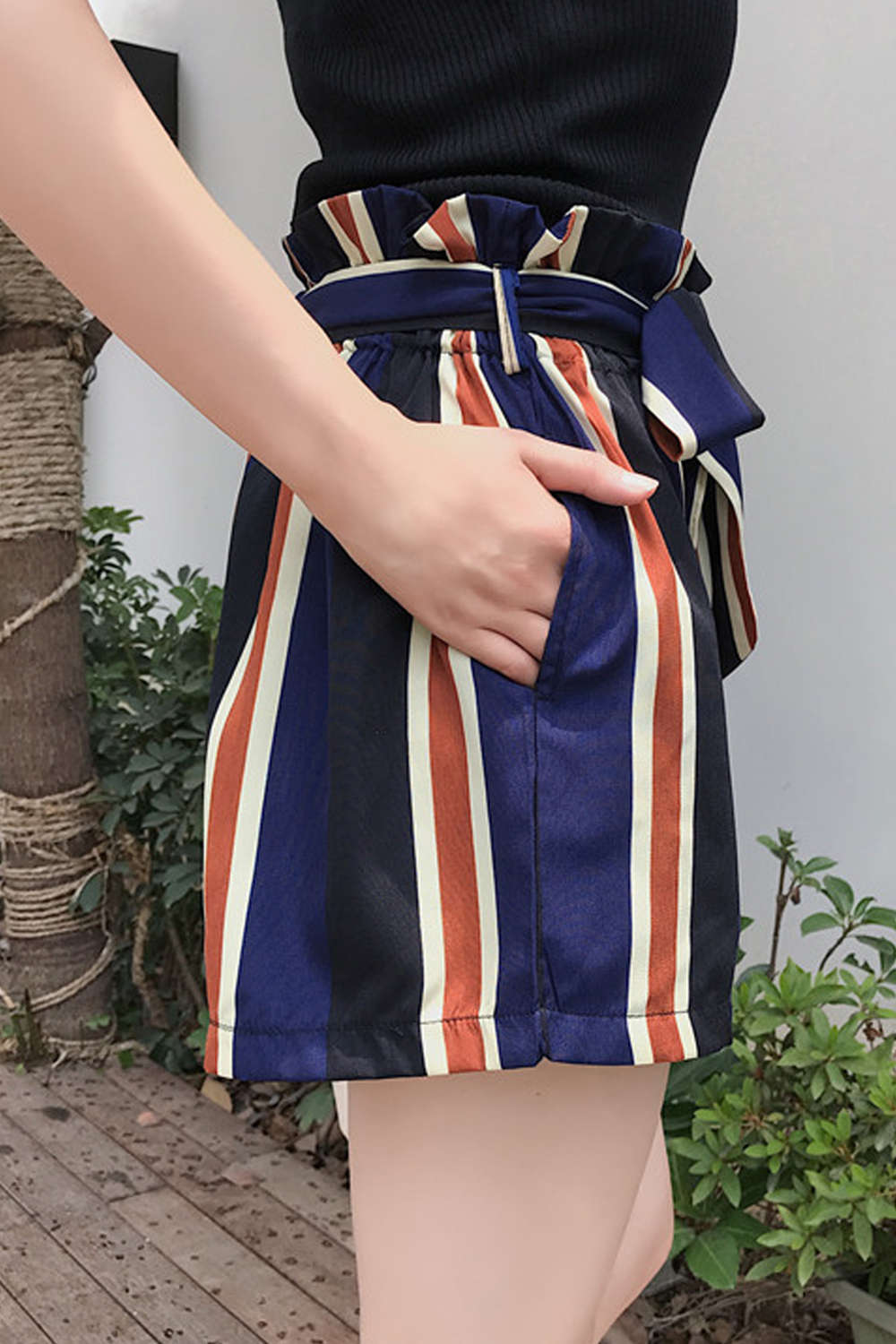 Iyasson Shirred Frill Trim Slef Tie Striped Shorts