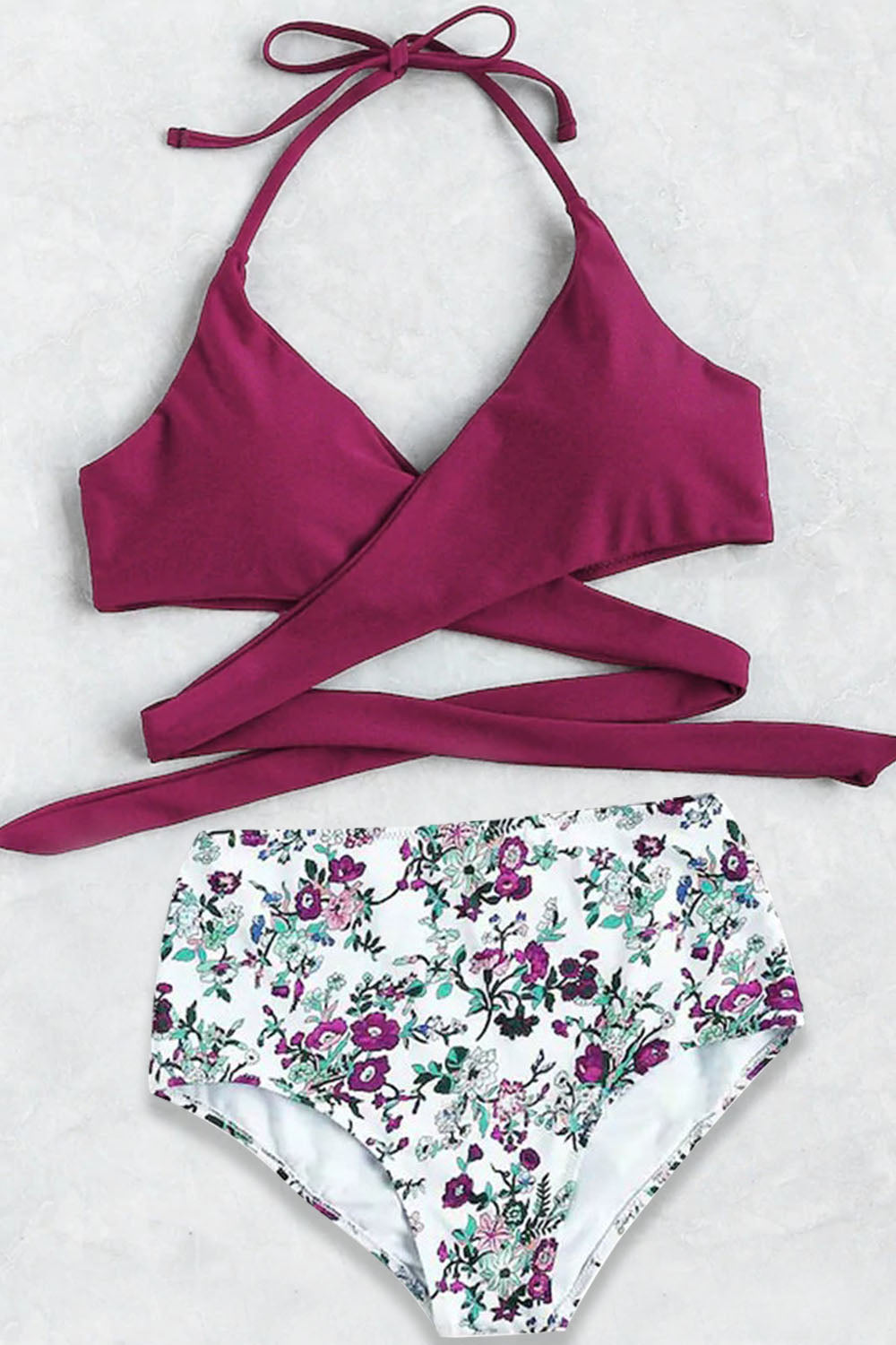 Halter Wrap Top With Floral Print Bikini Set