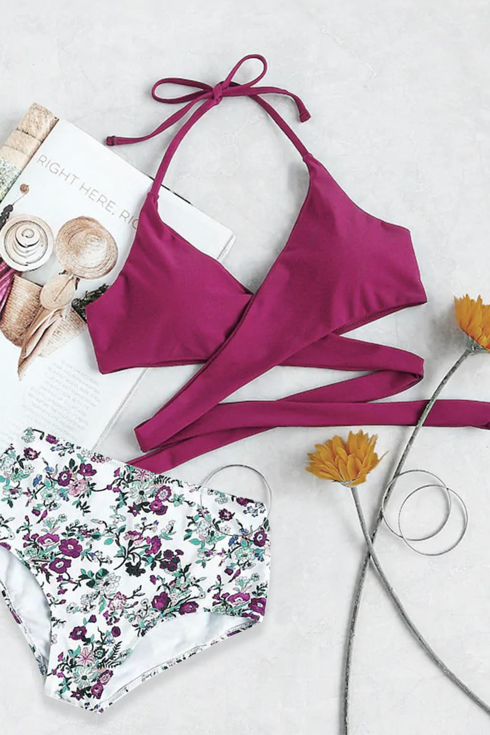 Halter Wrap Top With Floral Print Bikini Set