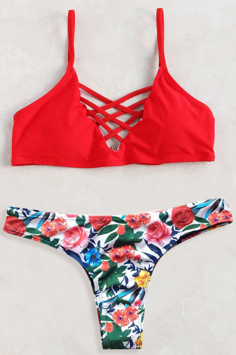 Criss Cross Top With Floral Print Bikini Set