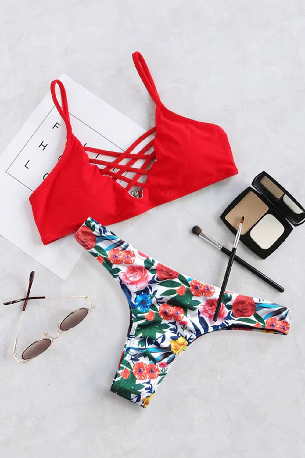 Criss Cross Top With Floral Print Bikini Set