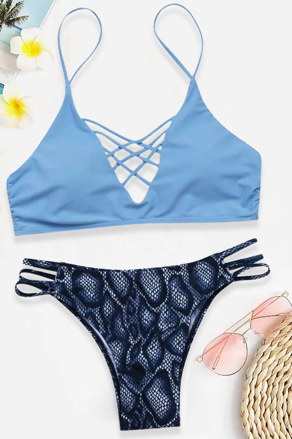 Criss Cross Top With Floral Print Bikini Set