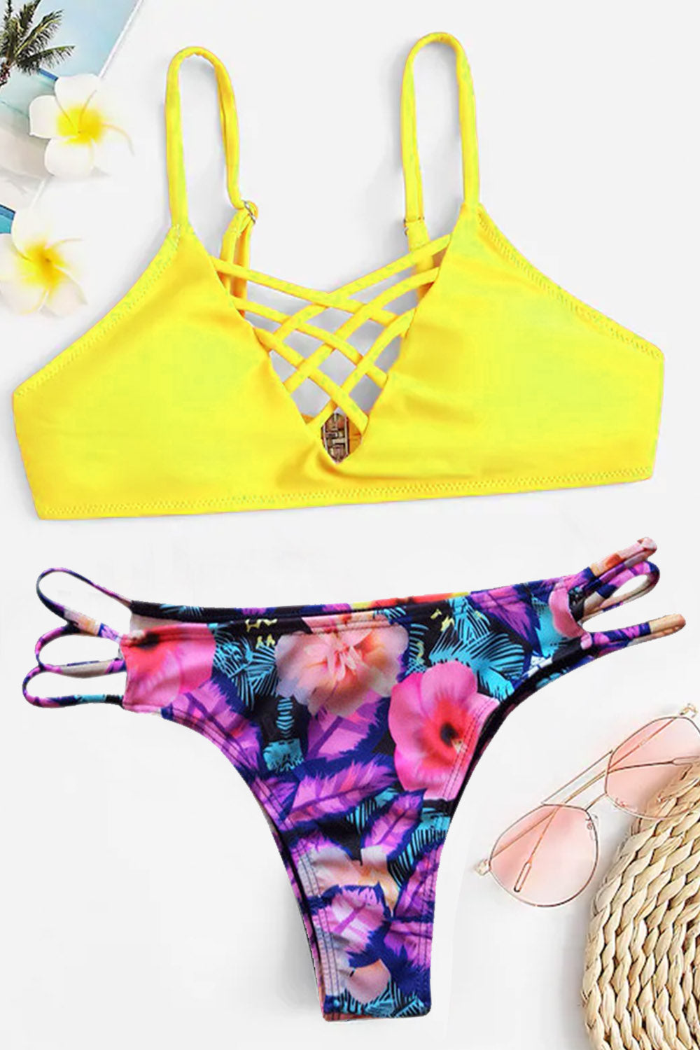 Criss Cross Top With Floral Print Bikini Set