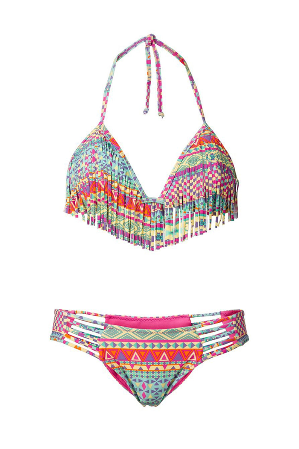 Iyasson Colorful Printing Tassel Halterneck Bikini Set