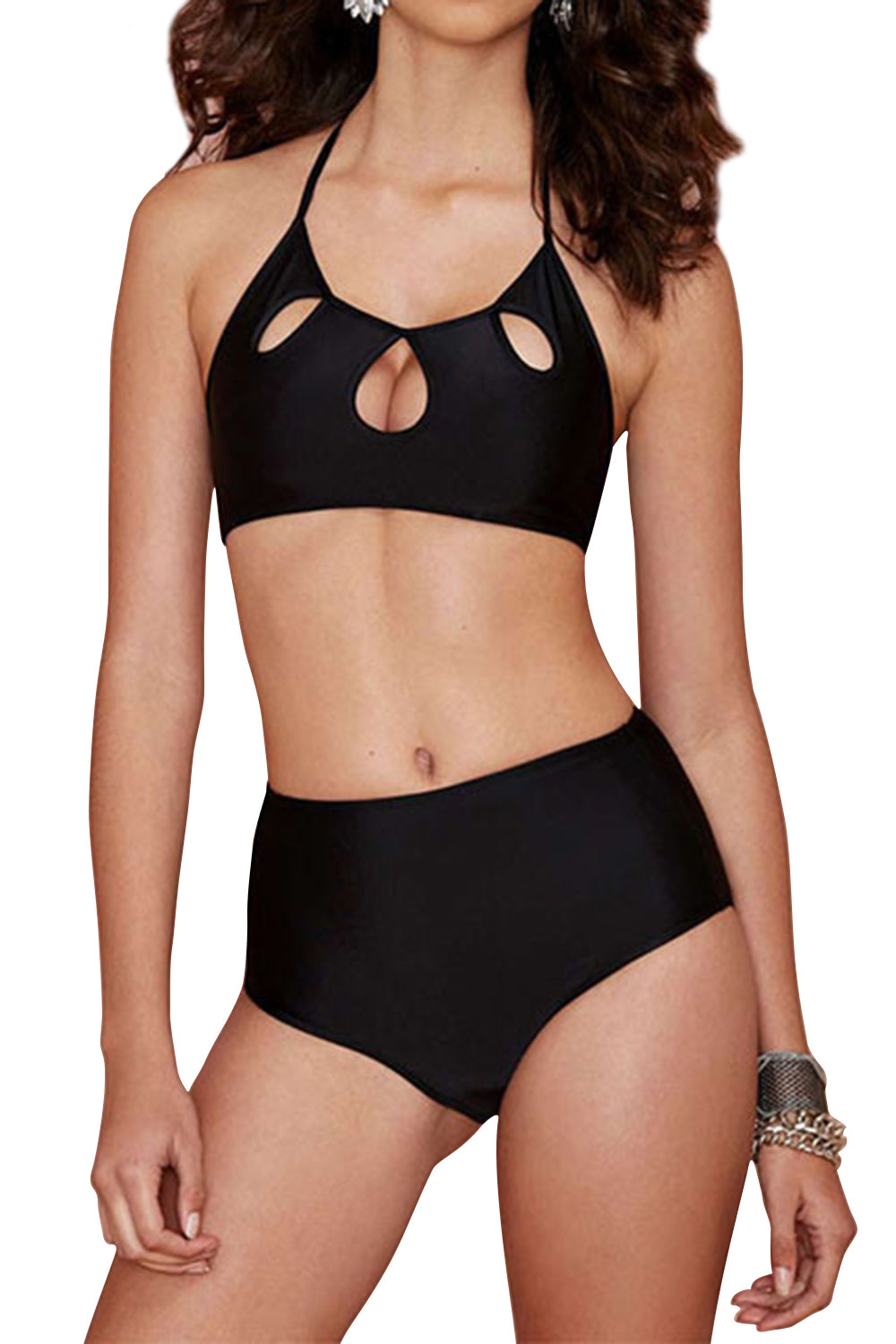 Iyasson Black Hollowed out Halter Bikini Sets