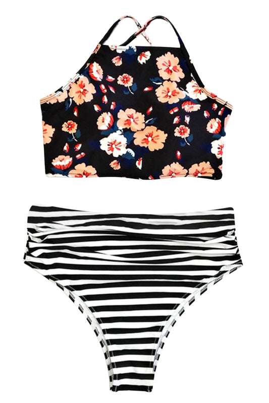 Iyasson Black Floral Printing Tank Top Bikini Sets