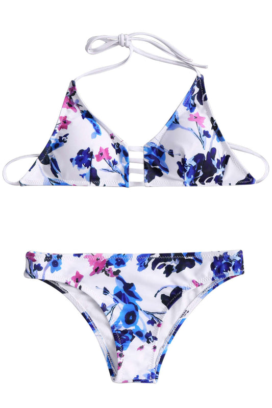 Iyasson Sweet Blue Floral Printing Halter Bikini Sets