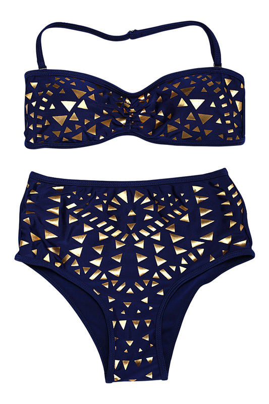 Iyasson Black Hollowed out printing Halter Bikini