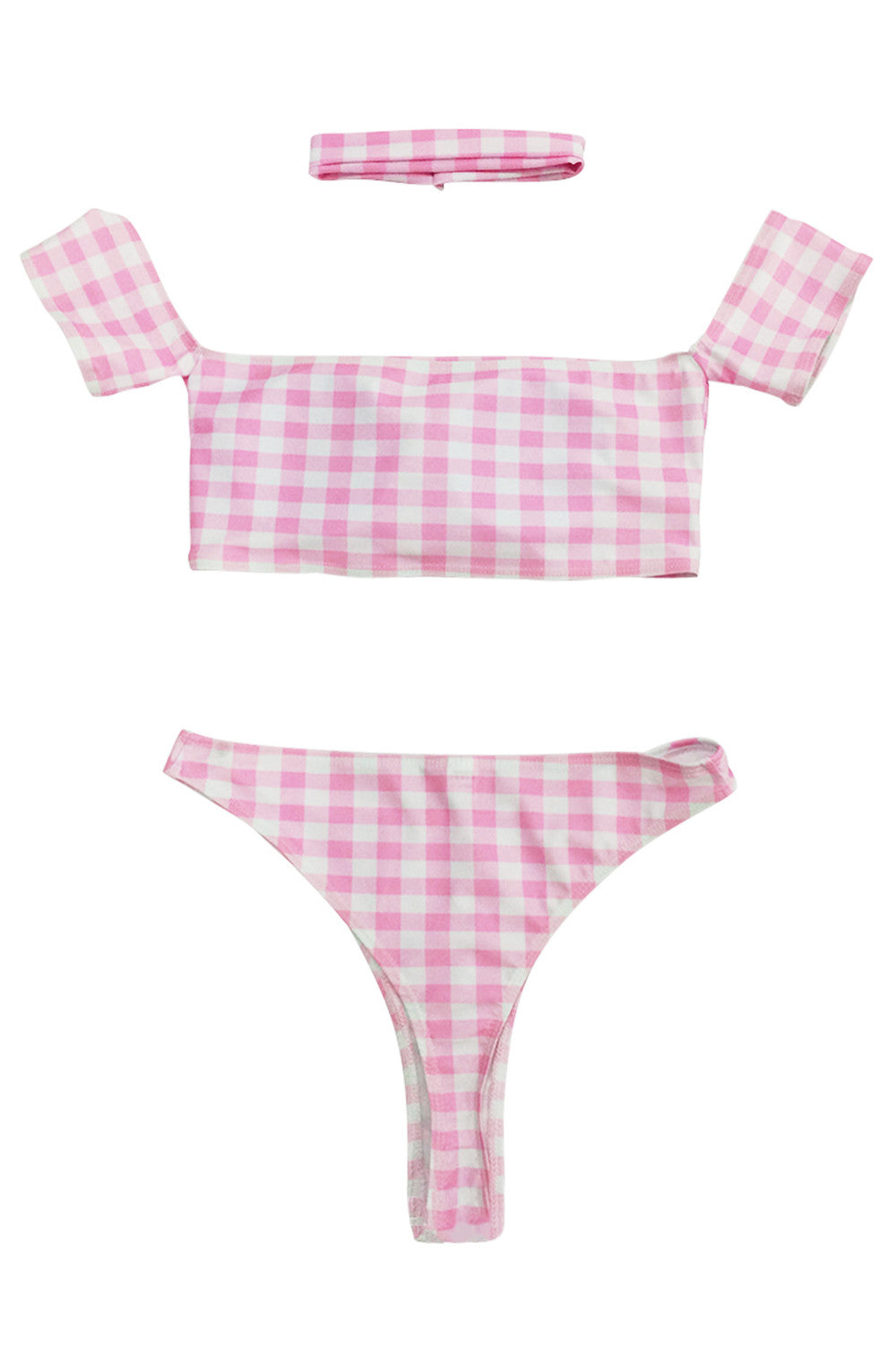 Iyasson Pink Plaid Off-the-shoulder Design Bikini Sets