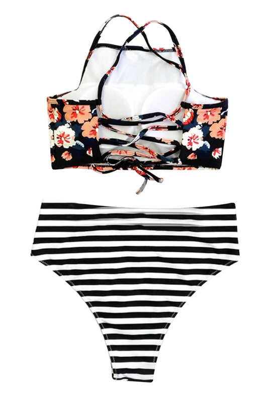 Iyasson Black Floral Printing Tank Top Bikini Sets