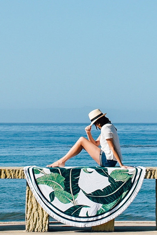 Iyasson Tropical Leaves Printing Round Beach Blanket