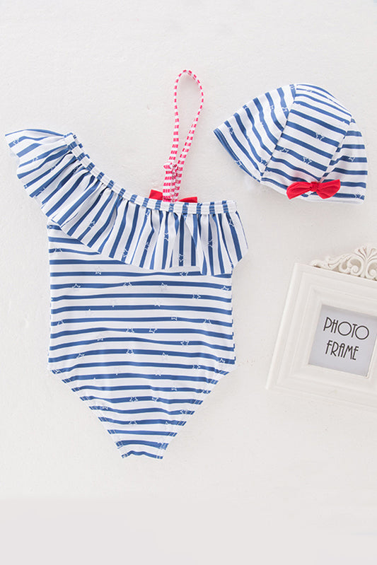 Iyasson Stripe Pattern Falbala Baby Girl Swimsuit