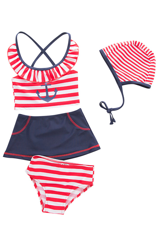 Iyasson Red Stripe Splicing Printing Back Cross Baby Girl Bikini Sets