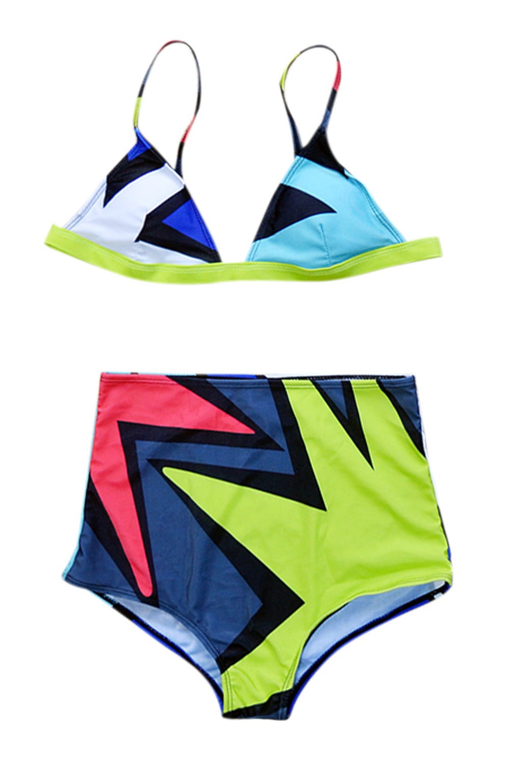 Iyasson Colorful Geometric Pattern High-waisted Triangle Bikini Set