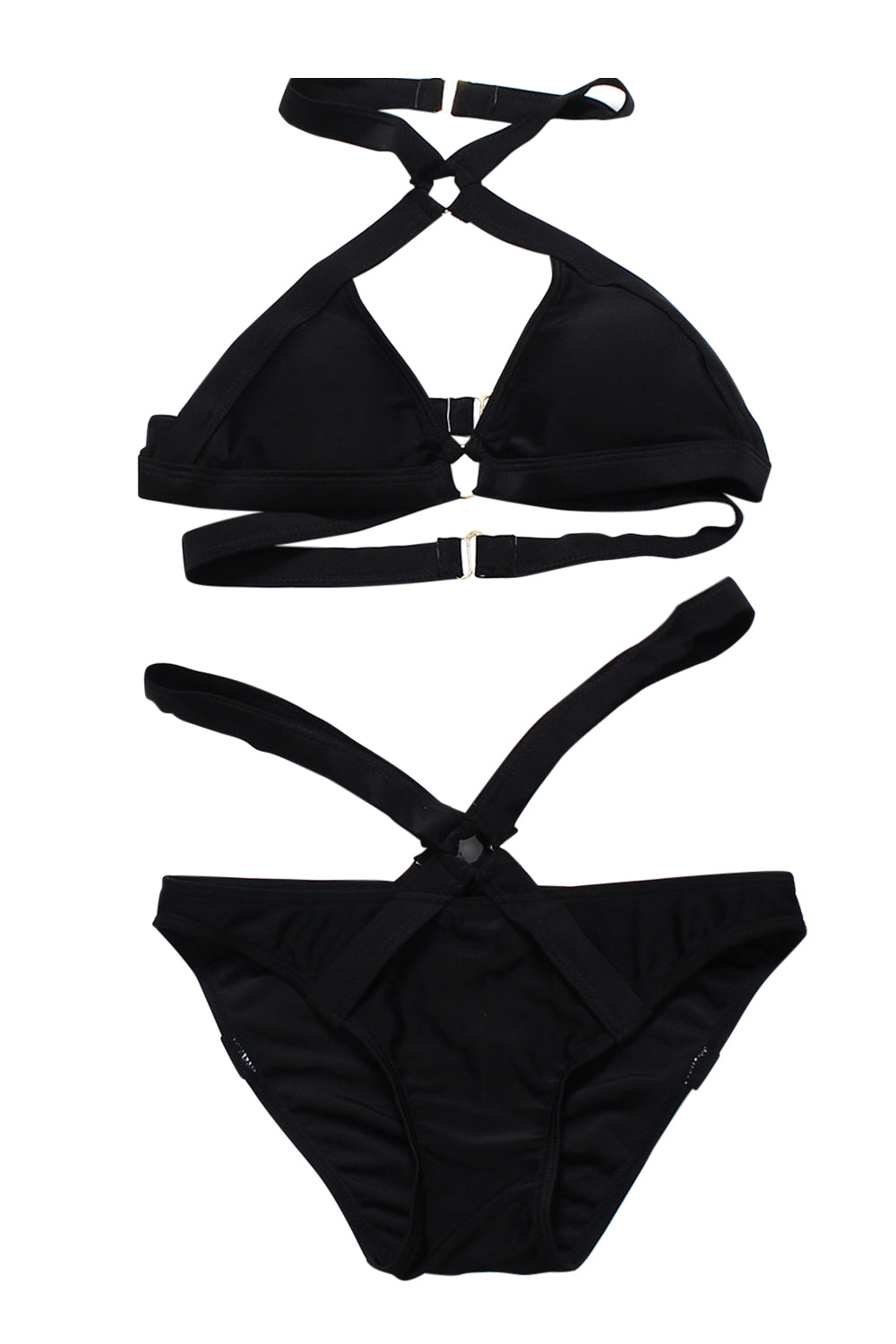 Iyasson Sexy Black Front Cross Triangle Top Bikini Set