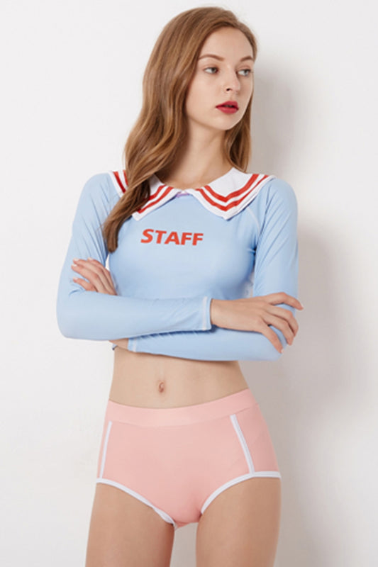 Cute Girl Long Sleeve High Waisted Navy Swimsuit