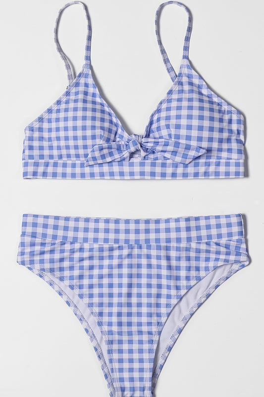 Girls Vintage Plaid Bow High Waisted Bikini