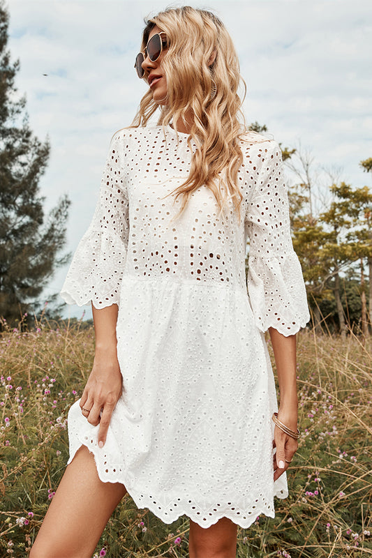 Women Round Collar White Cutout Midi Beach Dress