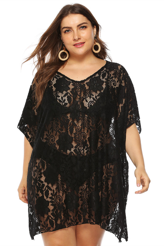 Black Lace Plus Size Half Sleeve Cover Up