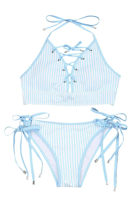 Iyasson Baby Blue Stripe Printing Halter Bikini Sets