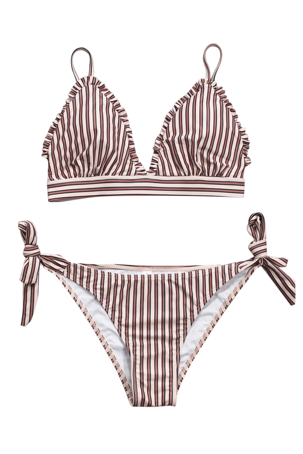Iyasson Stripe Splicing Printing With Ruffles Bikini Sets