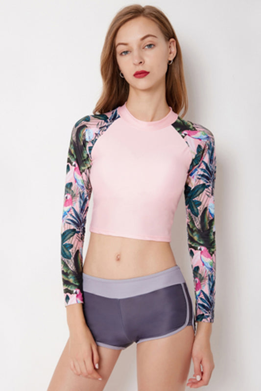 Girl Pink Long Sleeve Floral Print Surfing Tankini