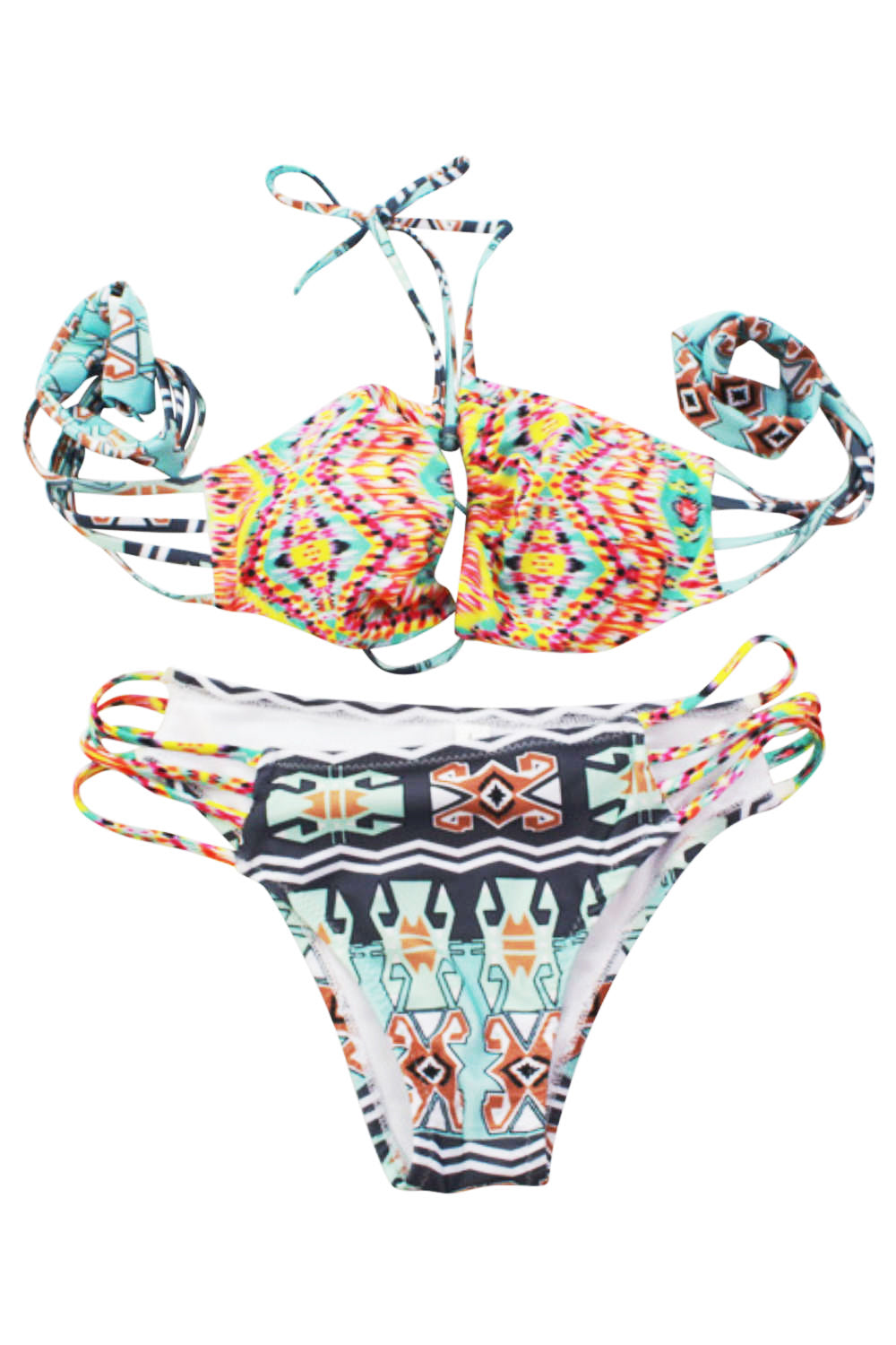 Iyasson Bohemia Print Halter Bikini Sets With Strappy Detailing