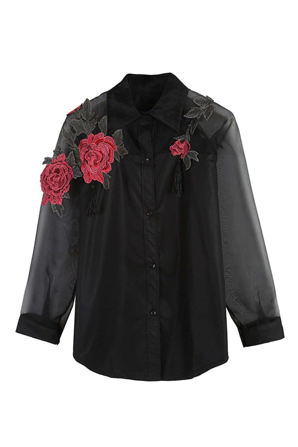 Iyasson Organza Splicing Floral Embroidery Shirt