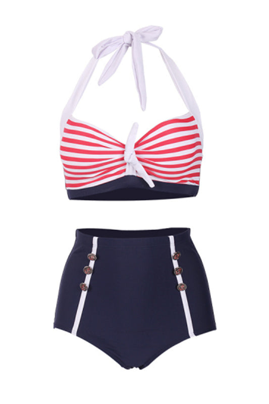 Women Striped Retro Bow Halter Two Piece Swimsuit