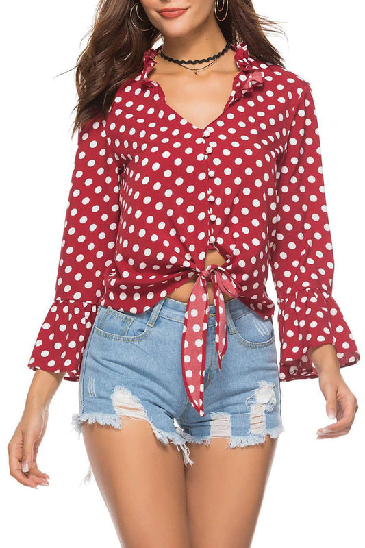 Iyasson Polka Dot Printing Bell-Sleeve V-neck Blouse