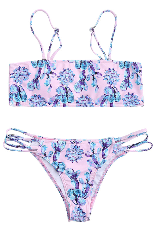 Iyasson Purple Floral Printing Strappy Bikini Sets