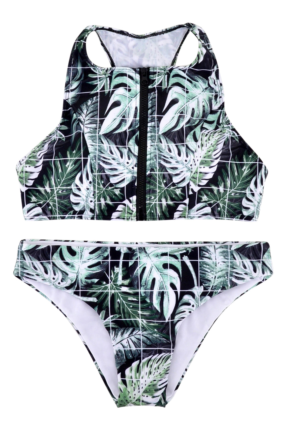 Iyasson Leaves Print Trendy Sport Style High Neck Bikini Set