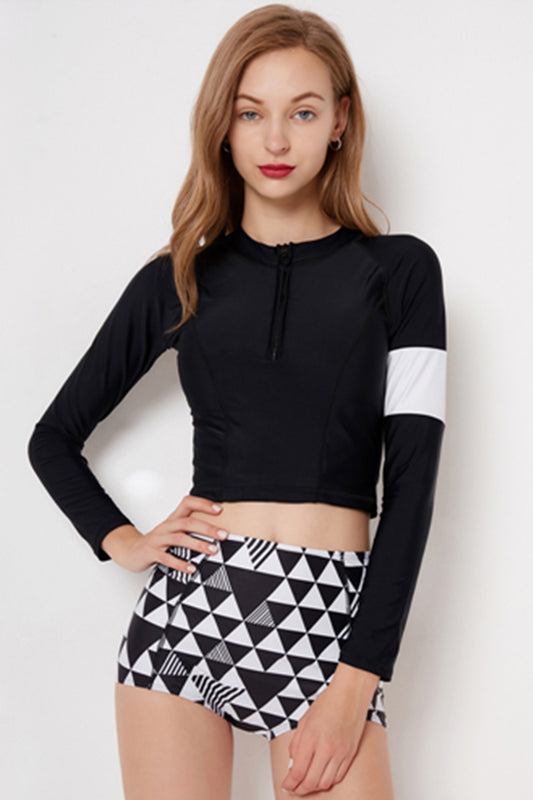 Women Vintage Long Sleeve High Waisted Surfing Swimsuit