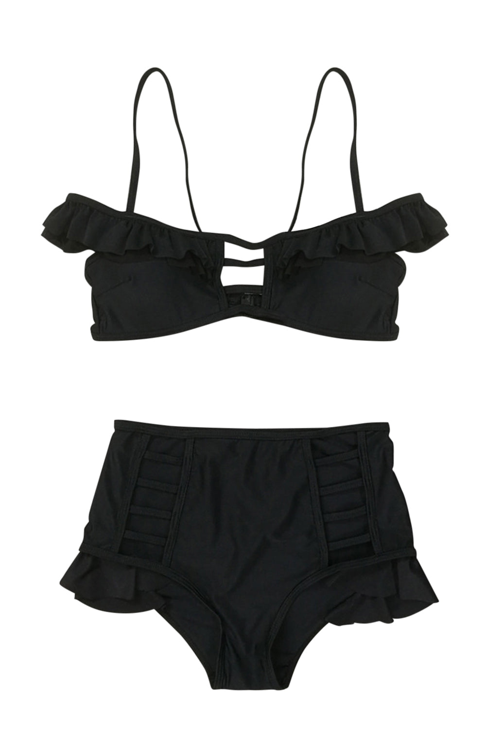 Iyasson Black Ruffles Bikini Sets With Strappy Detailing