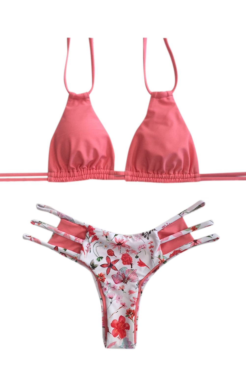 Iyasson Pink Floral Printing Halter Bikini Sets