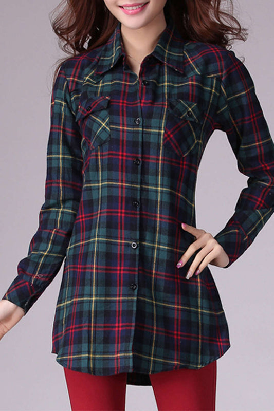 Iyasson Long Sleeve Check&Plaid Midi Shirt