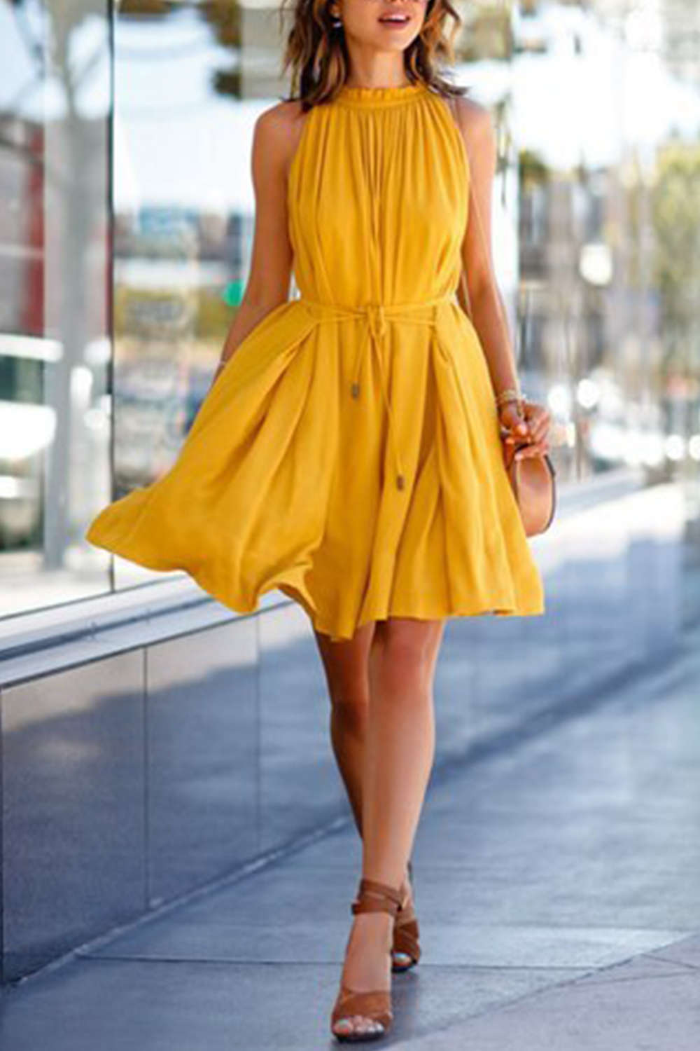 Iyasson Yellow Sleeveless Waist Tied Dress