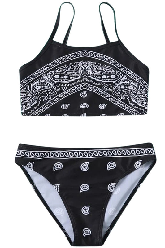 Girls Vintage Print Strip Bikini Swimsuit