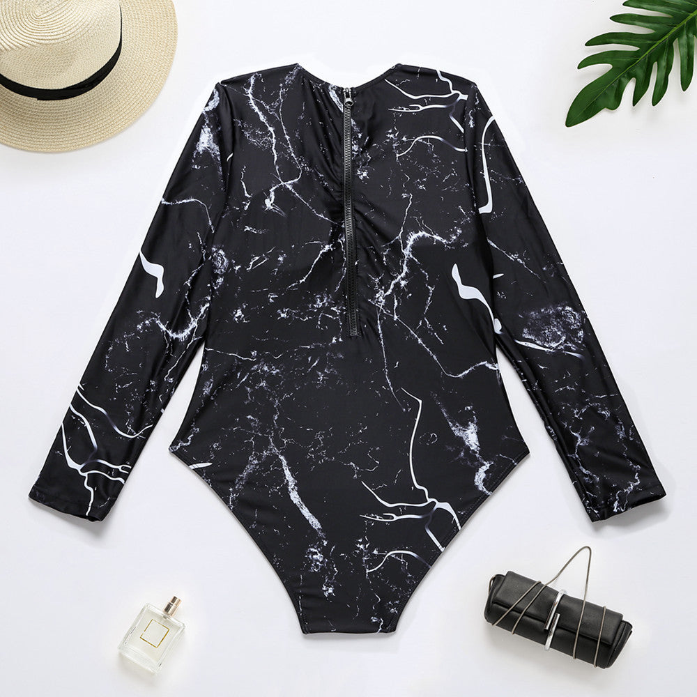 Marbling Long Sleeve Surfing One Piece Swimsuit