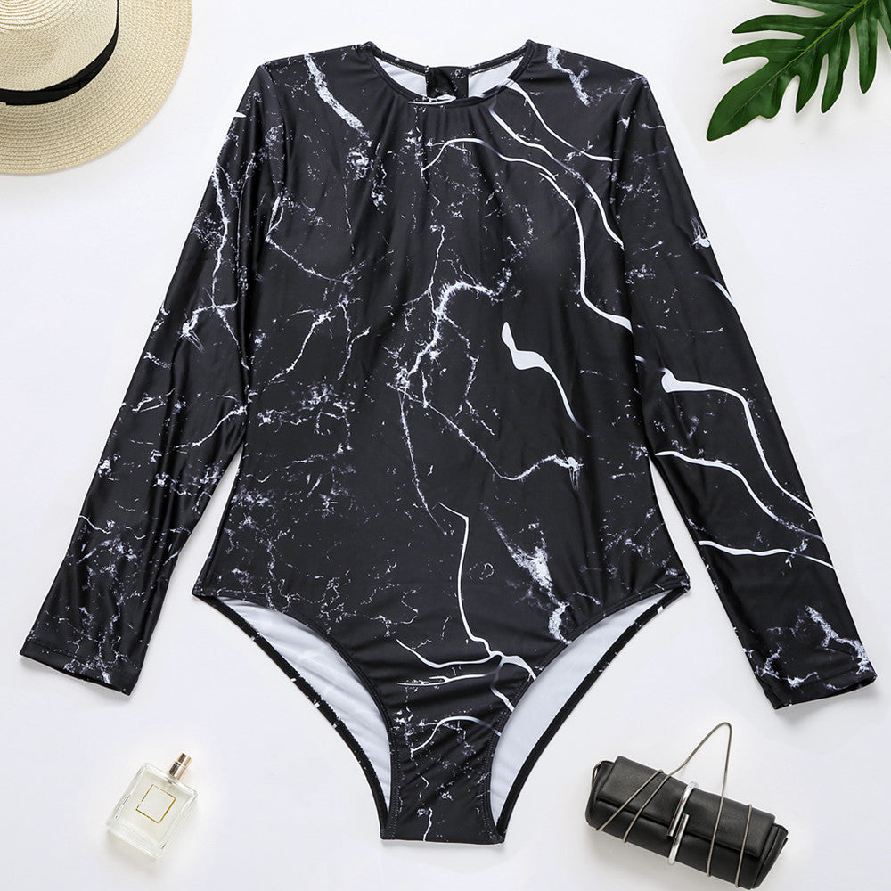 Marbling Long Sleeve Surfing One Piece Swimsuit