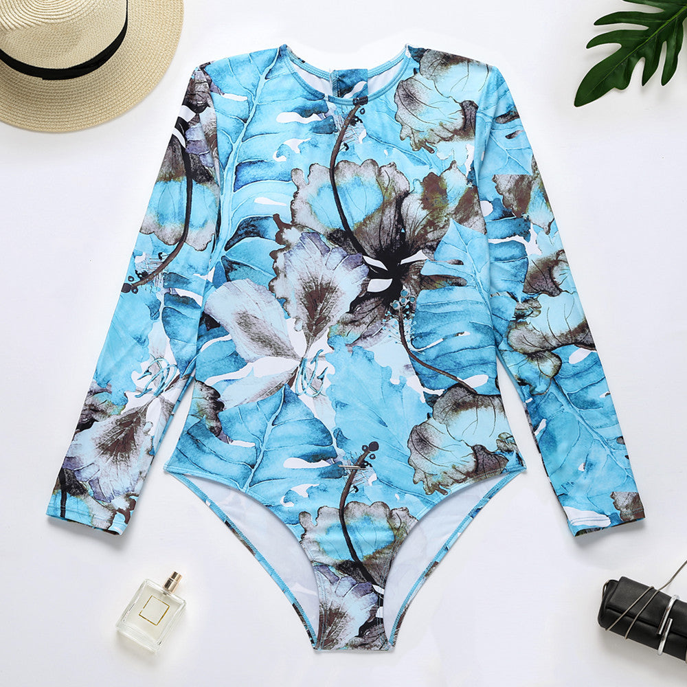 Marbling Long Sleeve Surfing One Piece Swimsuit