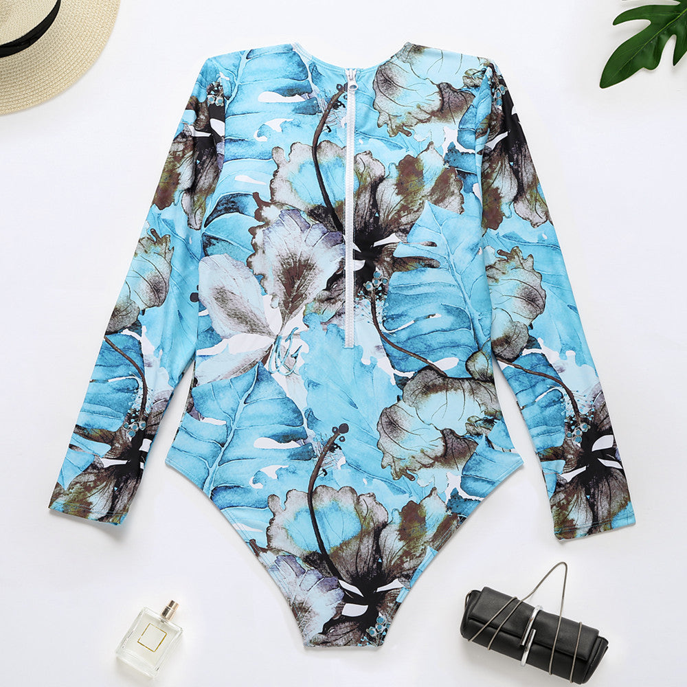 Marbling Long Sleeve Surfing One Piece Swimsuit