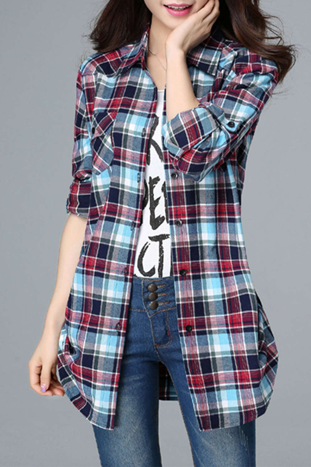 Iyasson Long Sleeve Check&Plaid Midi Shirt