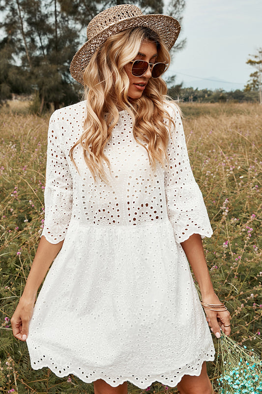 Women Round Collar White Cutout Midi Beach Dress