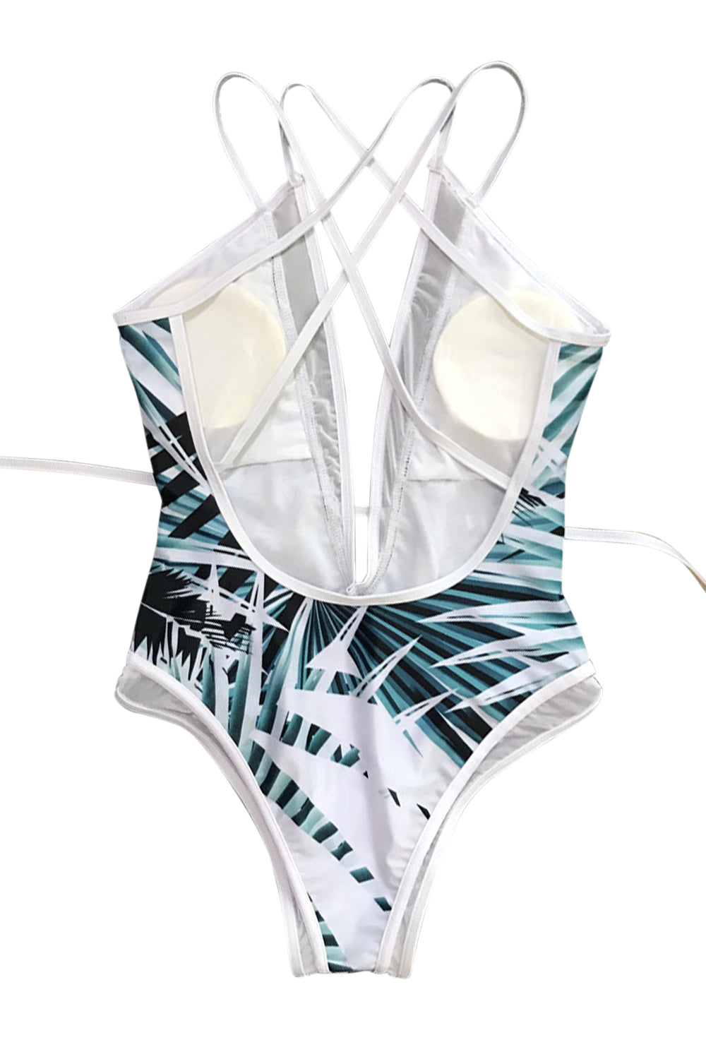 Iyasson Tropical Palm Leaves Printing Deep V-neckline One-piece Swimsuit