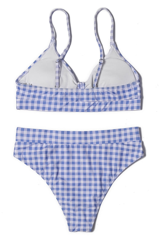 Girls Vintage Plaid Bow High Waisted Bikini