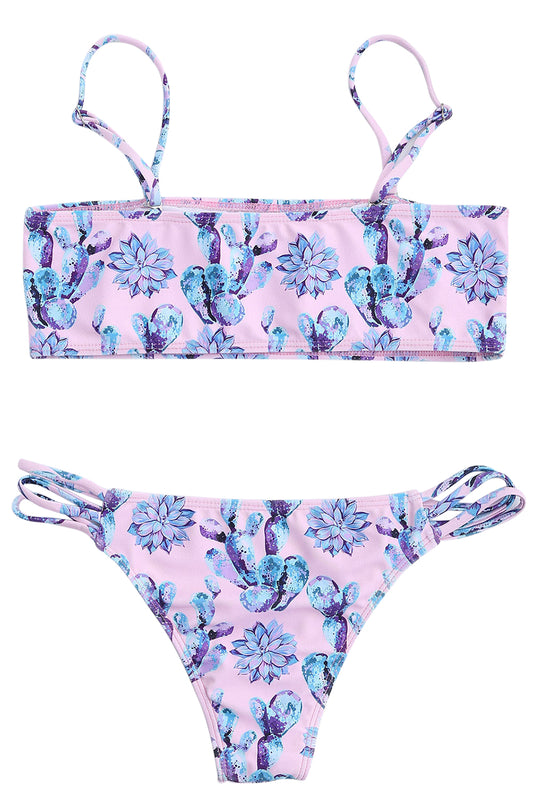 Iyasson Purple Floral Printing Strappy Bikini Sets